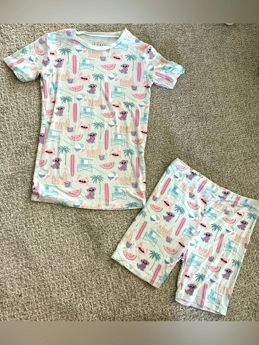 NWOT Kickee Pants Kids Short Sleeve Pajama Set - Pastel Beach Print Girls Size 1